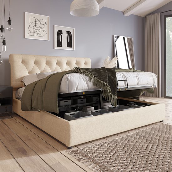 Gestoffeerd bed 180x200 - velours - bedbox en LED - saliegroen - TOGENTS