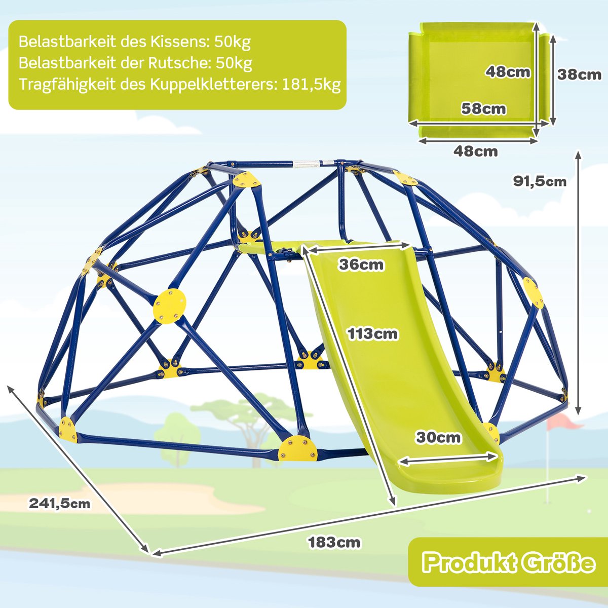 COSTWAY Klimkoepel en Speelset, Geometrische Koepel met Glijbaan, Draagvermogen van 180 KG, Speeltuin voor Kinderen van 3 tot 10 Jaar, Ideaal voor Gym, Achtertuin, Tuin, Park — afbeelding 3