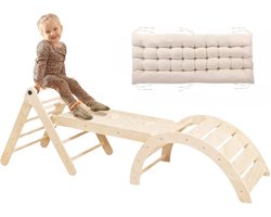 Buxibo Mini Klimrek Set – Klimdriehoek & Klimboog met Kussen & Klimhelling met Glijbaan – Montessori Speelgym – 176x47x82 cm – Naturel
