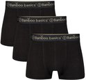 Drie zwarte bamboe boxershorts, elk met een elastische band met het 'Bamboo Basics' logo.