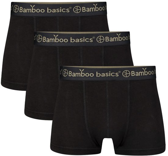 Drie zwarte bamboe boxershorts, elk met een elastische band met het 'Bamboo Basics' logo.