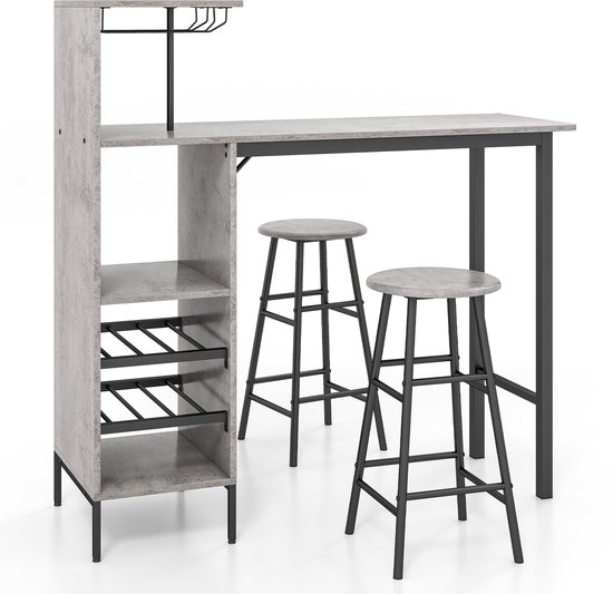 Foto: Costway bartafel met barkruk set voor 2 personen met houders voor wijnglazen en flessen toog voor woonkamer eetkamer en keuken grijs 