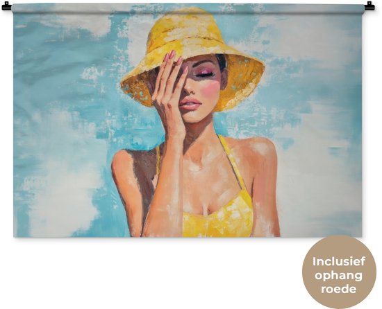 Wandkleed 150x100 cm - Wanddoek Schilderij - Vrouw - Hoed - Geel - Wandtapijt - Wandkleden