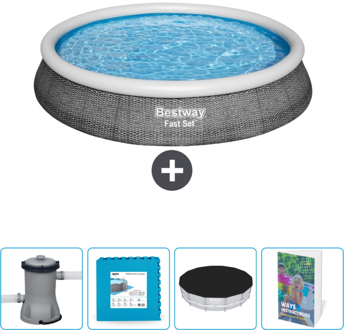 Bestway Rond Opblaasbaar Fast Set Zwembad - Rotanprint - 396 x 84 cm - Inclusief Pomp Vloertegels - Afdekzeil - Zwembadgids