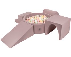 KiddyMoon Speeltuin PPZP-OK30D-125 met ballen heide: pastelbeige-pastelgeel-wit-mint-poederroze zwembad 300/club L/groef/tunnel/trap