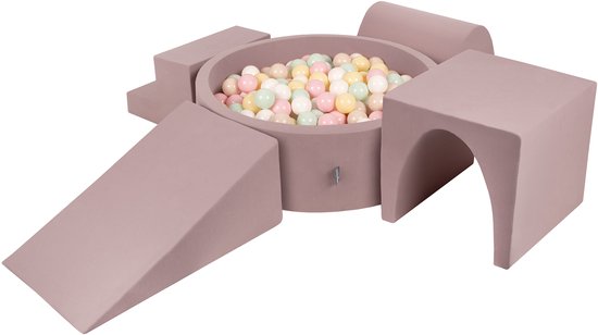KiddyMoon Speeltuin PPZP-OK30D-125 met ballen heide: pastelbeige-pastelgeel-wit-mint-poederroze zwembad 300/club L/groef/tunnel/trap