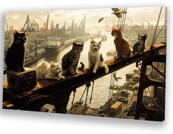 Katten in havenomgeving op balk - Katten muurdecoratie - Wandkunst dieren - Hyperrealisme - Wanddecoratie landelijk - Kunst - canvas 70x50 cm