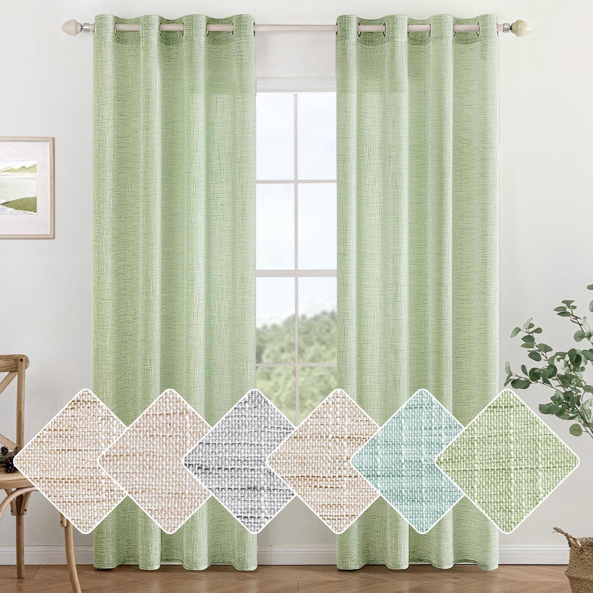 Ibenzoa Moderne Groene Linnenlook Gordijnen met Ingestanste Ringen voor Diverse Kamers, Set van 2, 140 x 225 cm