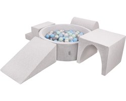KiddyMoon schuimspeelplaats met rond ballenbad (300 ballen) ballenbakken voor baby's speelbad hindernisbanen, made in the eu, lichtgrijs:pearl/grey/transparent/babyblue/minze