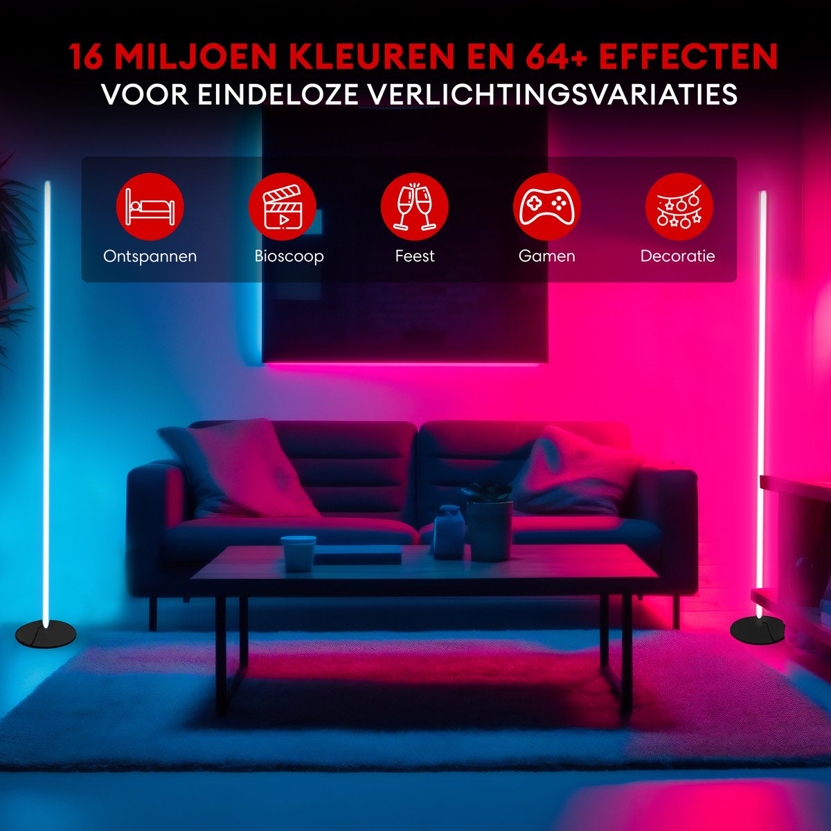 Bolt Electronics® Vloerlamp - Staande Lamp - Woonkamer - 4 Lichtsterktes - RGB Licht - Zwart thumbnail 4