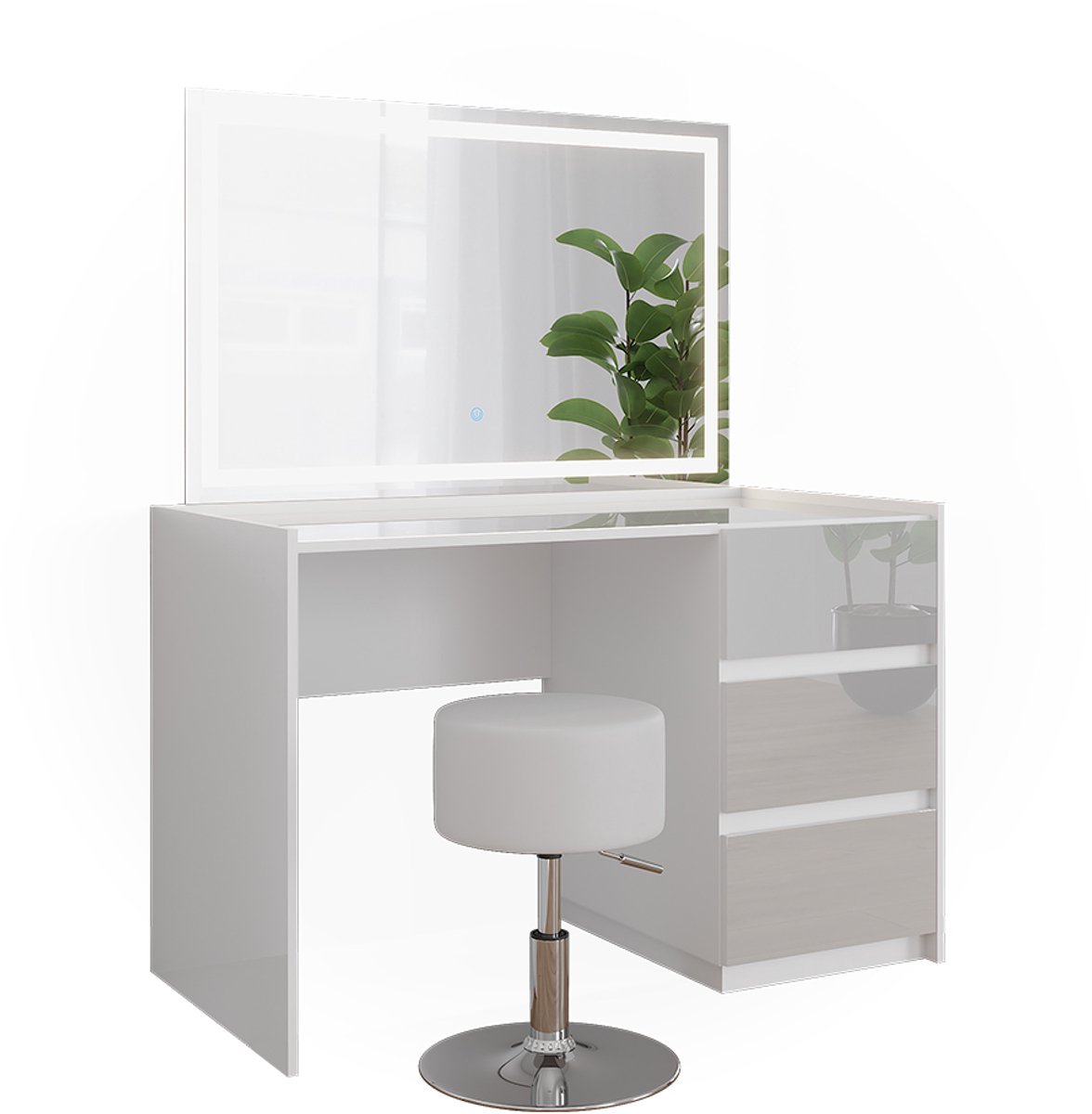 Vicco Marla Kaptafel – 120 cm met LED-spiegel en kruk Wit Hoogglans