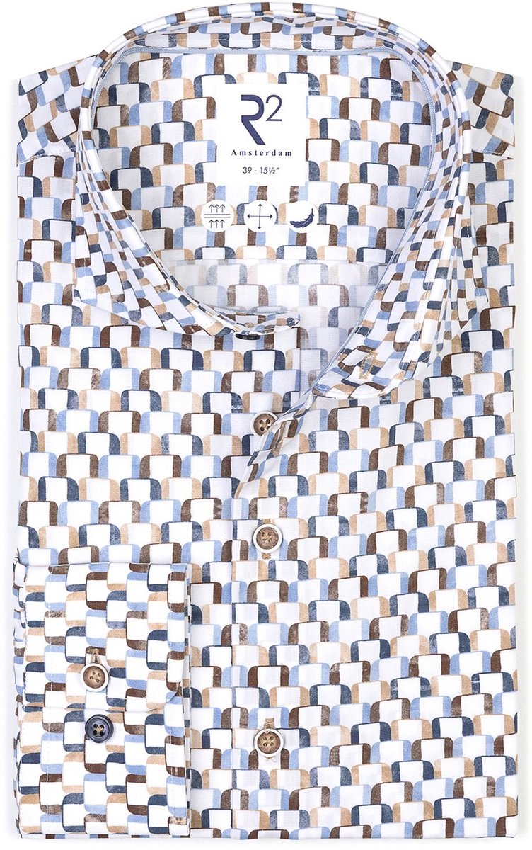 R2 Poplin Overhemd Extra Lange Mouwen Carseat-Print Multicolor - Maat 39 - Heren - Overhemden Formeel