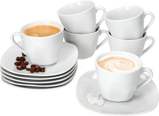 Set de 6 tasses à café LOTTA 170 ml avec soucoupes en porcelaine blanche