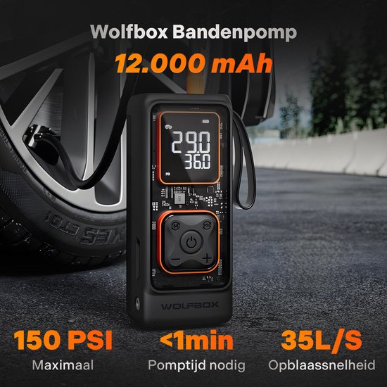 Wolfbox Elektrische Fietspomp - Luchtcompressor - voor Fiets, Scooter, Motor en Auto - Elektrische Bandenpomp - Oplaadbaar & Draagbaar - Bandenpomp - Compressor - Autobanden Pomp - Incl. Opbergzakje en Powerbankfunctie - PRO — afbeelding 2