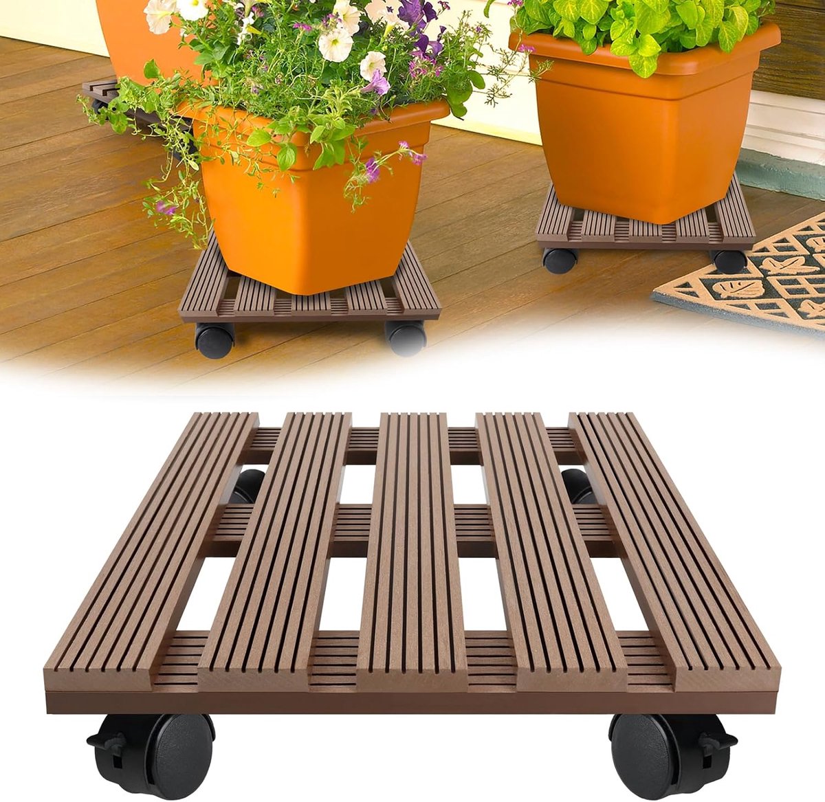 Aufun Vierkant Braun WPC Pflanzenroller, Rollbrett Pflanzen 100 kg Tragkraft, Blumenroller, Rollbretter mit 2 Feststellern für Pflanzen, Innen- und Außenbereich