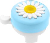 Lichtblauwe fietsbel met witte margriet en gele bloemhart, montagebeugel