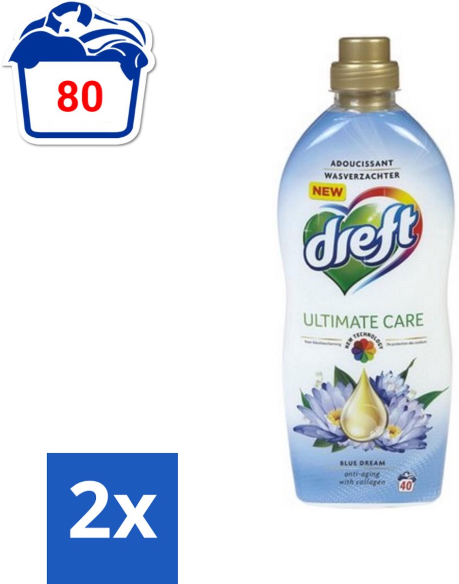 Dreft - Wasverzachter - Gekleurde Was - Blauwe Droom - Anti-Veroudering - 40 Wasbeurten - Voordeelverpakking - 2 stuks