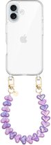 xoxo Wildhearts siliconen hoesje - Geschikt voor iPhone 16 Plus hoesje - Funky Hearts (Pink & Purple Metallic) - Telefoonhoesje - Hoesje met koord - Roze en Paars koord - kort telefoonkoord - Hartjes ketting - Transparant hoesje