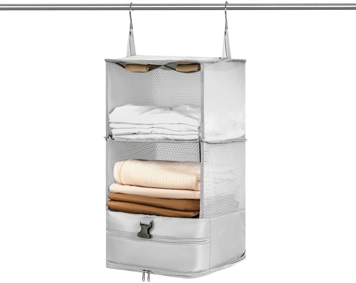 Skycases Compression Packing Cube – Opvouwbare Reisorganizer met Ophangbare Rekken – Uitbreidbaar – Compressie Cubes - Geschikt voor Bagage, Koffer & Backpack – Lichtgrijs