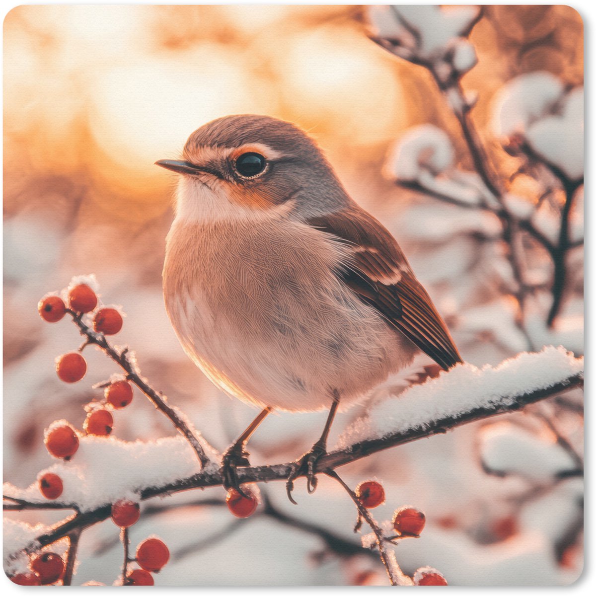 Muismat 20x20 cm - Mousepad Vogel - Tak - Winter - Dieren - Sneeuw - Muismatten