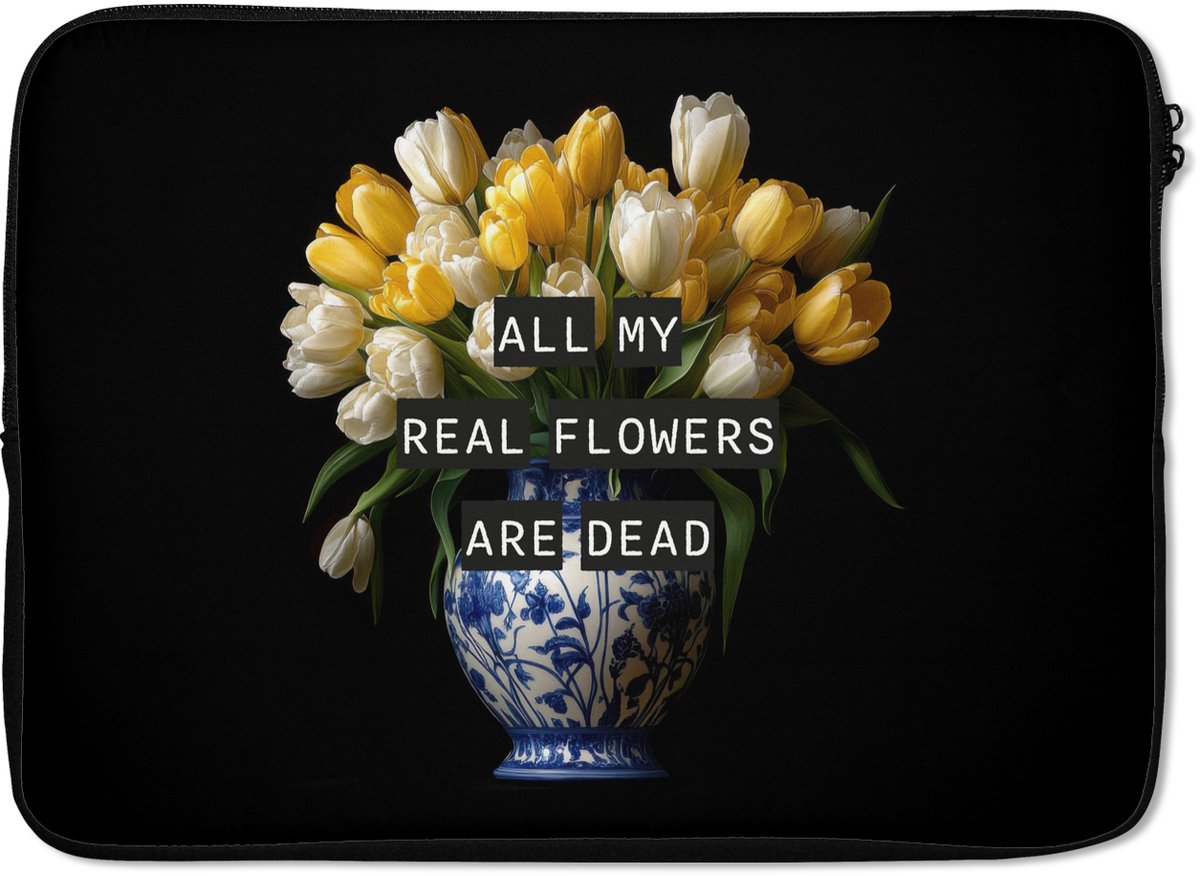 Laptophoes 14 inch - Quotes - Bloem - Tulp - Geel - Laptop sleeve - Binnenmaat 33x23 cm - Zwarte achterkant