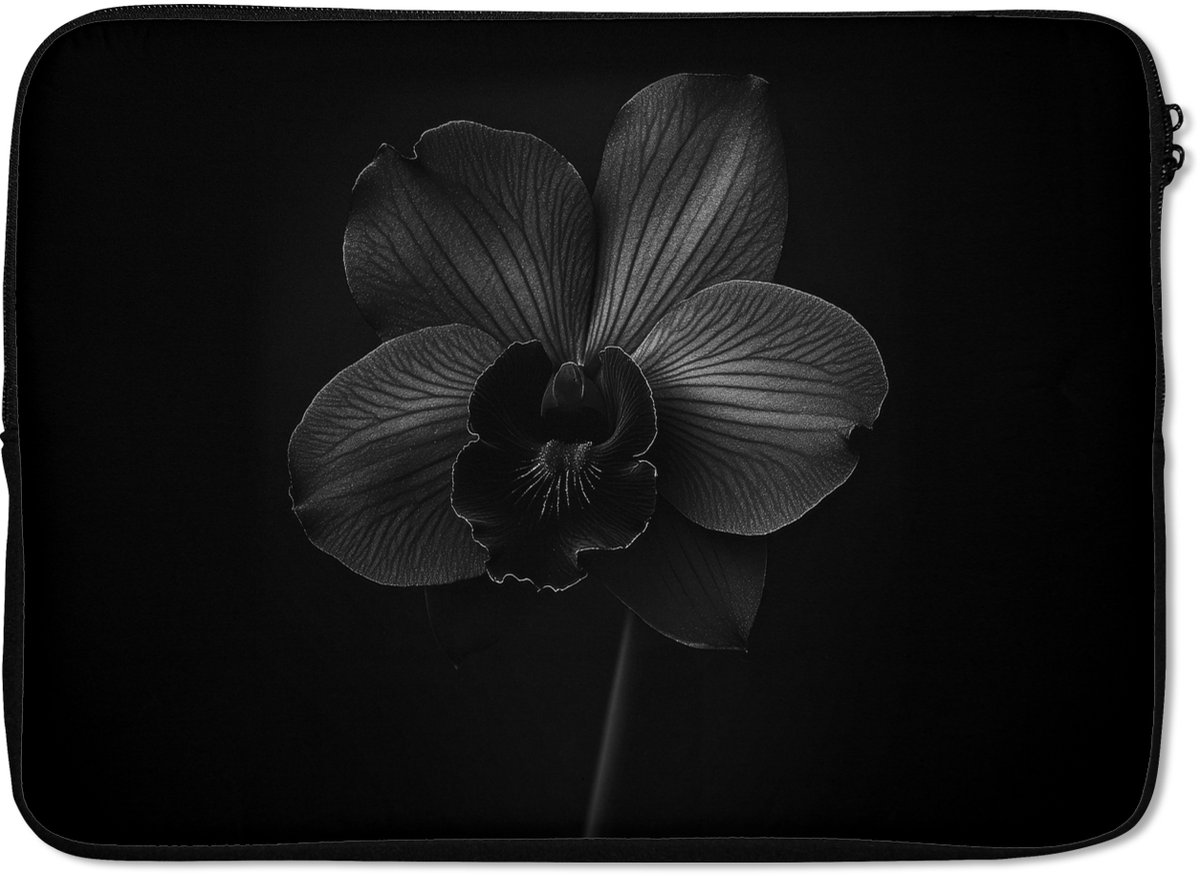 Laptophoes 14 inch - Zwart - Bloem - Orchidee - Laptop sleeve - Binnenmaat 33x23 cm - Zwarte achterkant