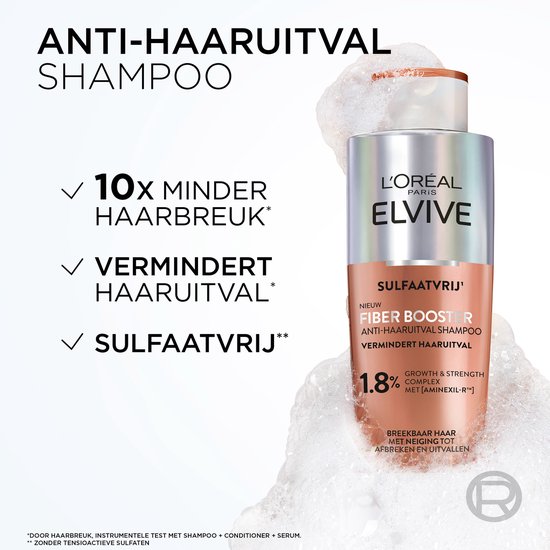 Fles L'Oréal Elvive shampoo, zilver en koraalroze, met "Fiber Booster Anti-Haaruitval". Tekst met "10x Minder Haarbreuk".