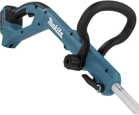 Close-up van de turquoise handgreep met gebogen zwarte handgreep van een grastrimmer.