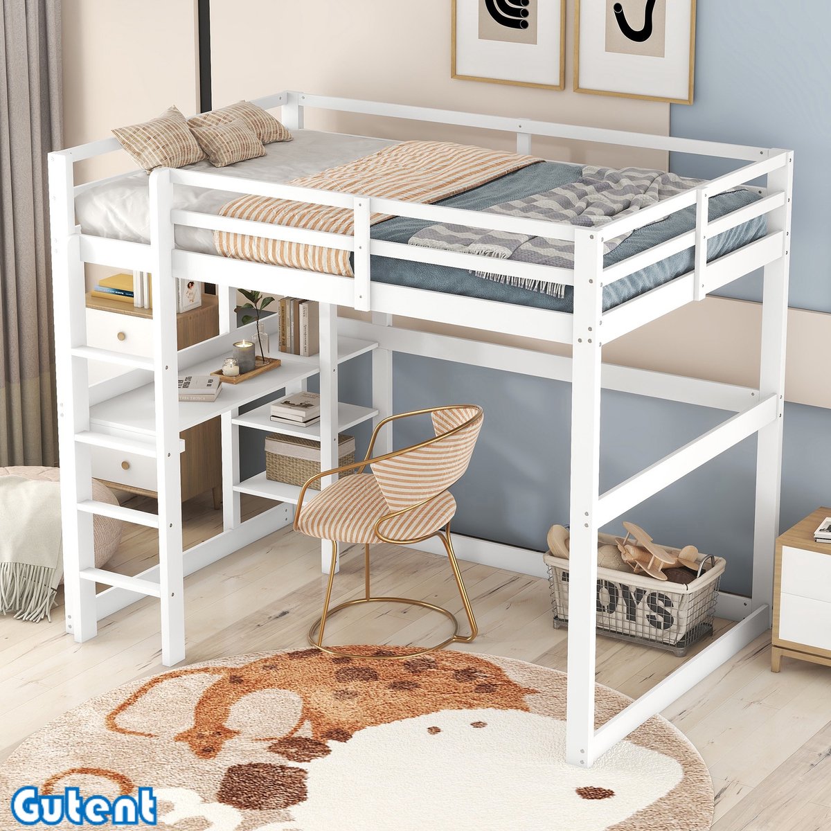 Gutent Kinderhoogslaper(Geen stoelen.) - met Opbergruimte - gemaakt van grenen - 4 opbergvakken en een tafelblad - Wit - 140 X 200 cm - Geen matras