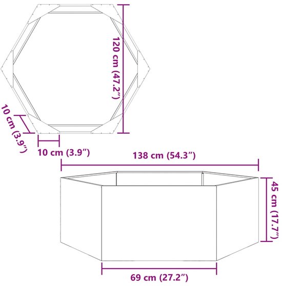 The Living Store Jardinière hexagonale 138x120x45 cm acier noir - Pot de fleurs - Jardinière - Décoration de jardin - Jardinière en métal - Jardinière hexagonale