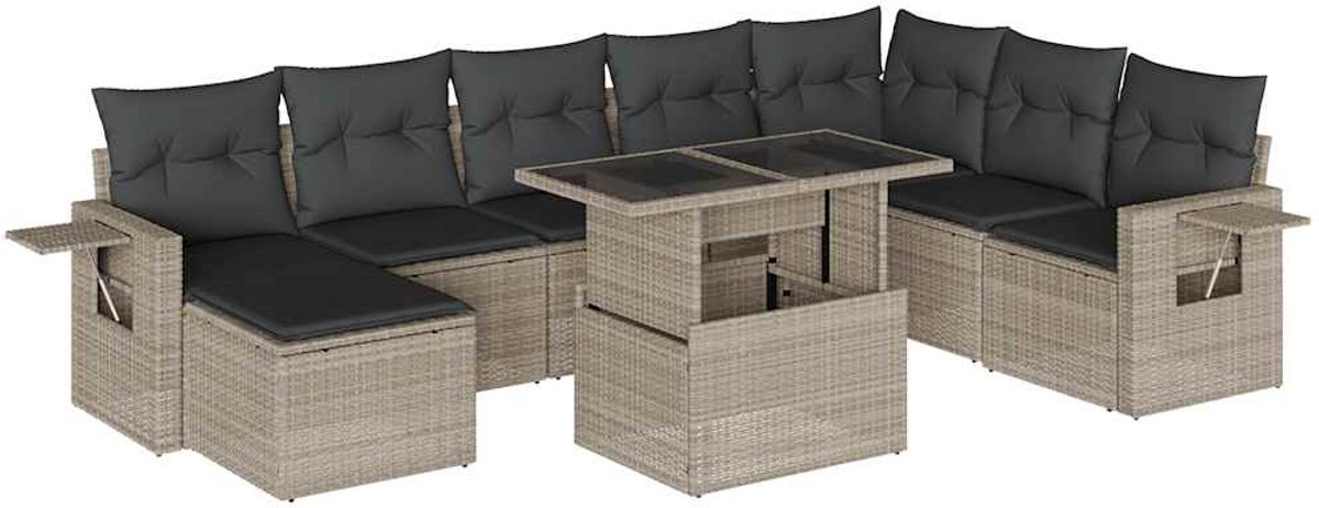 The Living Store 9-delige Loungeset met kussens poly rattan lichtgrijs - Loungebank - Lounge Set - Buitendecoratie - Tuinmeubelen - Ratan Meubel