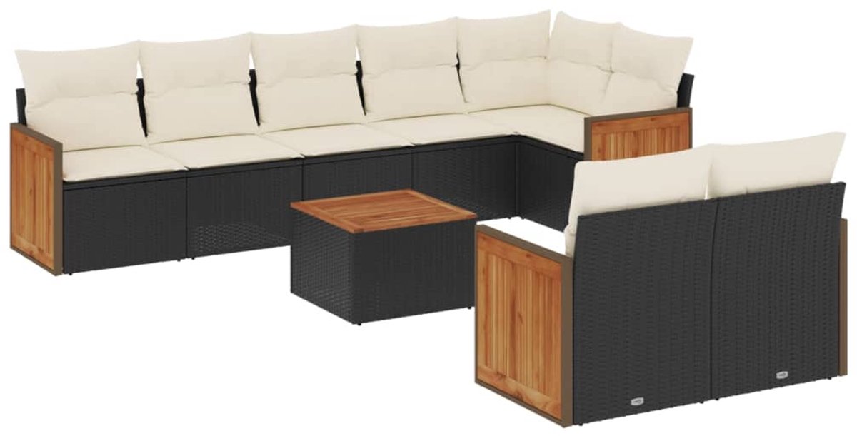 The Living Store 9-delige Loungeset met kussens poly rattan zwart - Loungeset - Lounge Set - Buitendecoratie - Tuinmeubels - Outdoor Furniture