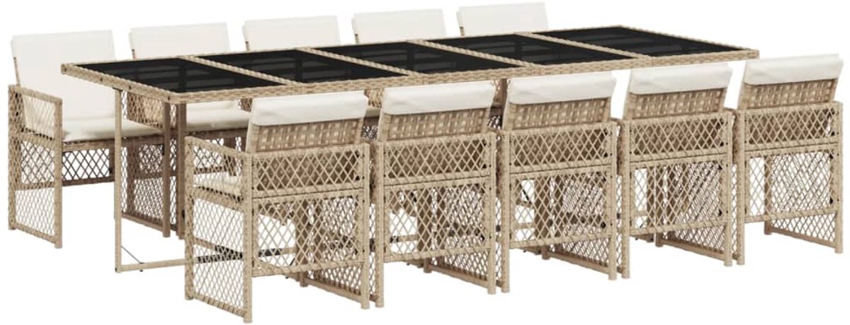 The Living Store 11-delige Tuinset met kussens poly rattan beige - Tuinmeubel - Buitentijd - Lounge Set - Eetkamerset - Ratten Meubel