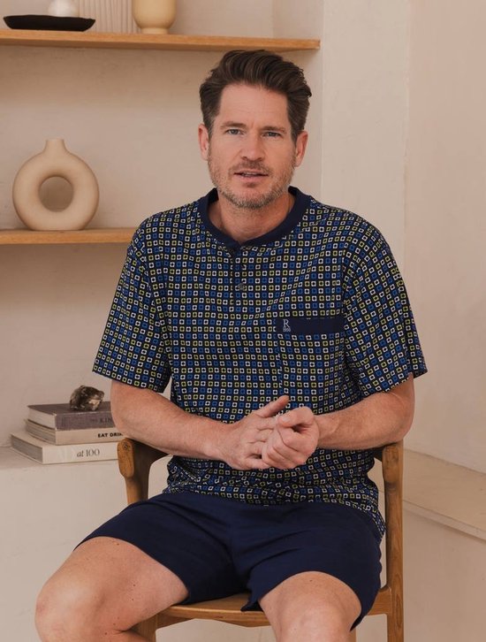 Pyjama short Robson pour homme - Carreaux - Blauw - Katoen - Taille 52