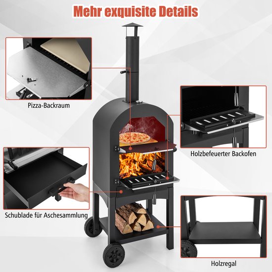 COSTWAY Pizzaoven voor buiten, houtgestookte pizzaoven met ingebouwde thermometer, praktische handgreep, wielen, waterdichte afdekking en asopvanglade van costway — afbeelding 4