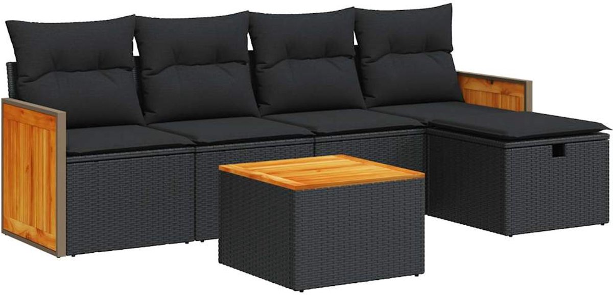 The Living Store 6-delige Loungeset met kussens poly rattan zwart - Loungebank - Lounge Set - Buitendecoratie - Tuinmeubel - Tuinlounge