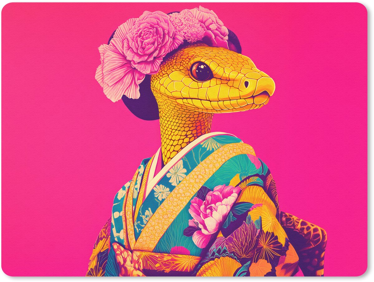 Muismat 23x19 cm - Mousepad Hagedis - Bloemen - Roze - Kimono - Muismatten
