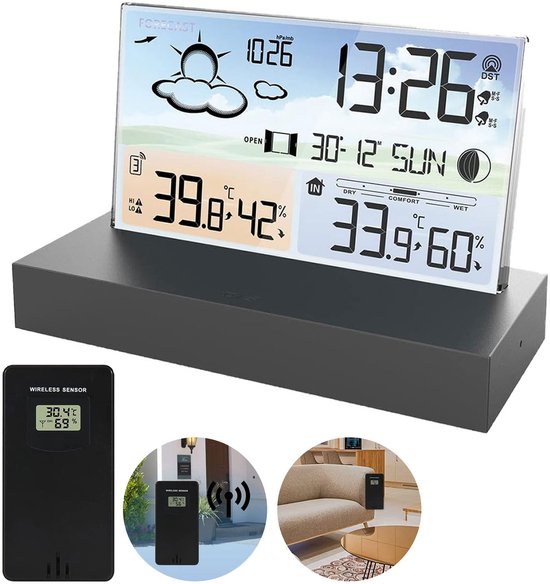 Digitale weerstation met draadloze buitensensor. Toont tijd, datum, buitentemperatuur 39.8°C, luchtvochtigheid 42%, binnentemperatuur 33.9°C en luchtvochtigheid 60%.