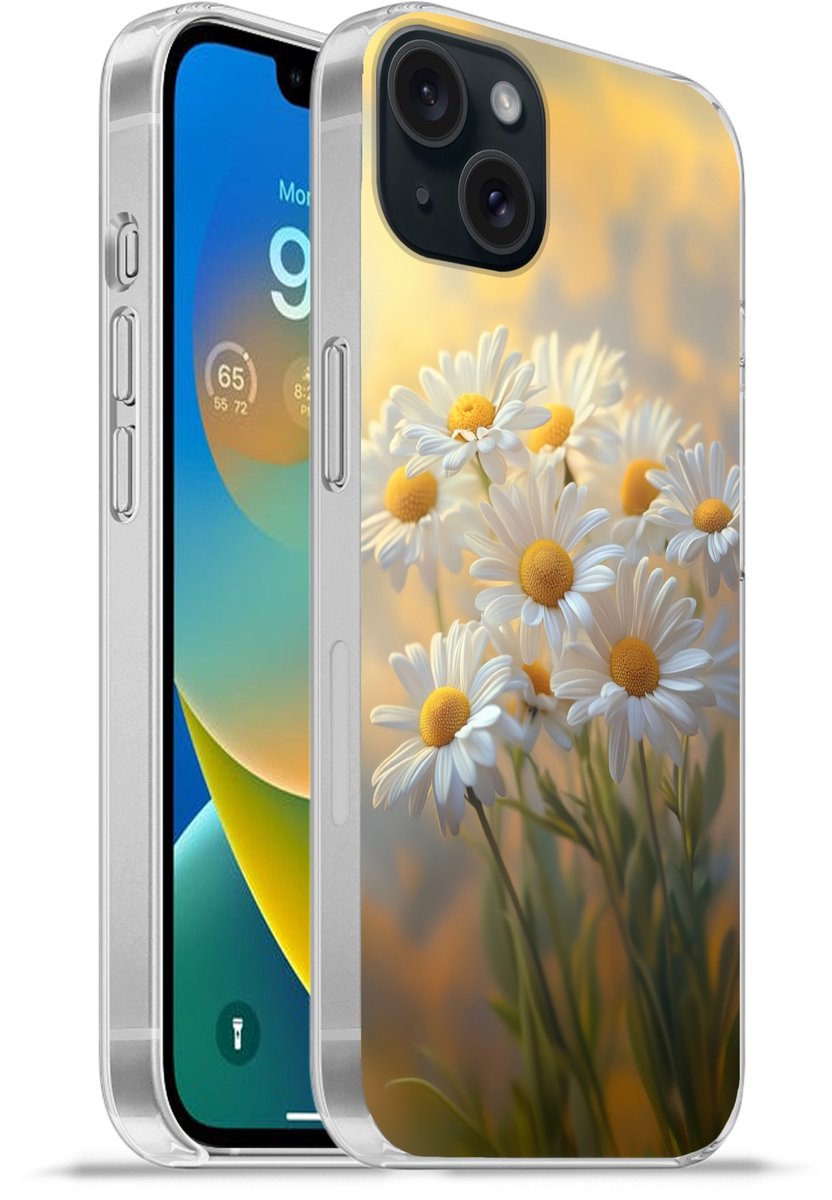 Telefoonhoesje Geschikt voor iPhone 15 Plus hoesje - Madeliefjes - Wit - Zonlicht - Siliconen Telefoonhoesje Telefoonhoesje