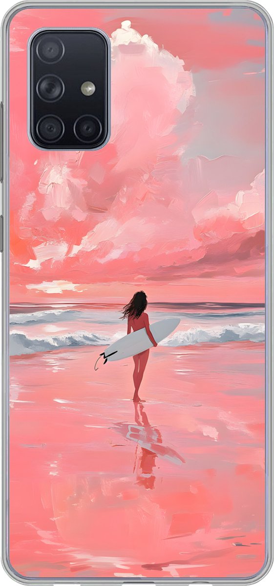 Telefoonhoesje Geschikt voor Samsung Galaxy A51 hoesje - Roze - Surfen - Zee - Siliconen Telefoonhoesje Telefoonhoesje