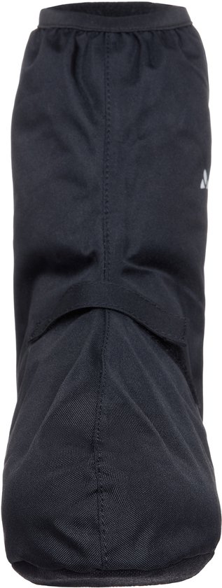 Zwarte fietshoezen met klittenbandsluiting aan de voorkant en VAUDE-logo.