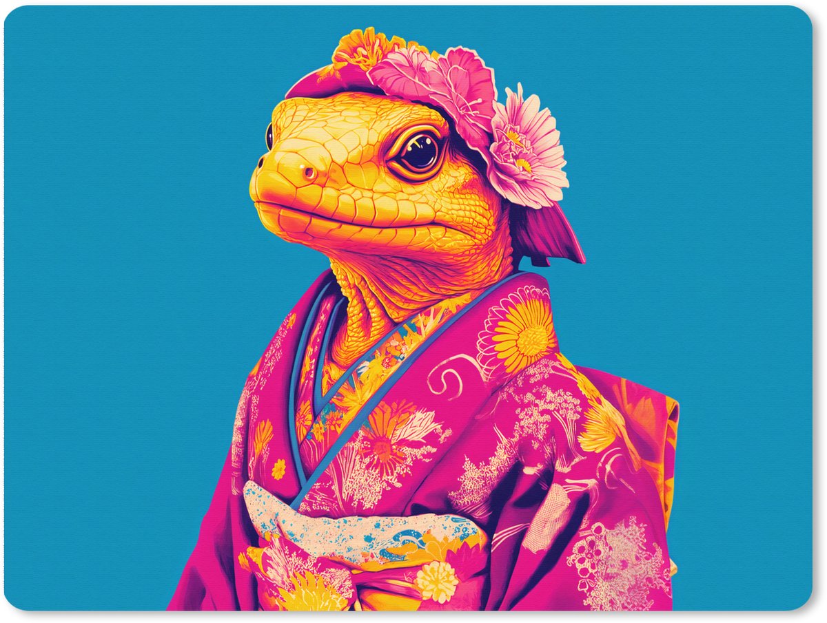 Muismat XXL 80x60 cm - Bureau onderlegger - Bureau mat Bloemenkrans - Hagedis - Kimono - Paars - Bureaumat - Gaming mousepad xl - Bureaulegger groot - Computer deskmat