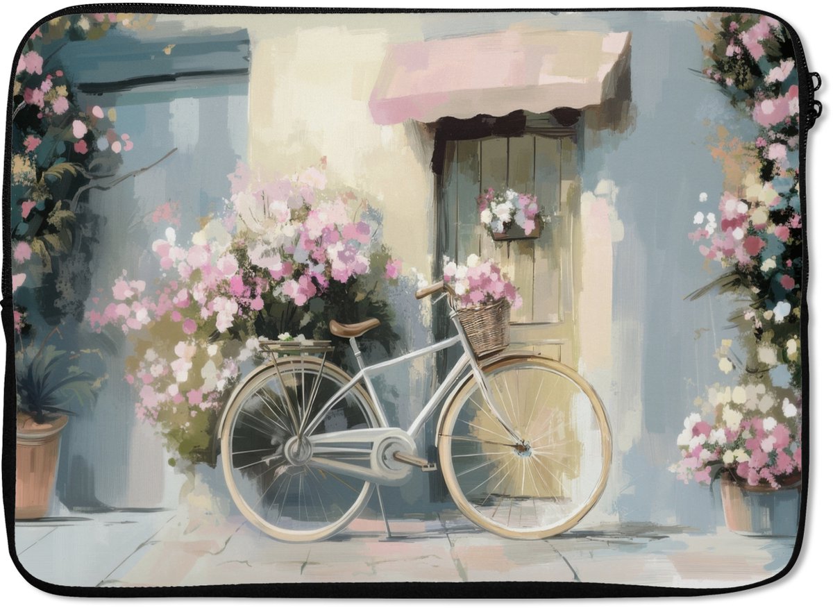 Laptophoes 14 inch - Fiets - Pastelkleuren - Bloemen - Laptop sleeve - Binnenmaat 33x23 cm - Zwarte achterkant