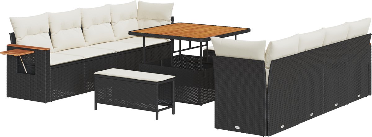 vidaXL - Tuinbank - Set - met - kussen - 12 - pcs - Zwart - en - Crème - poly - rattan