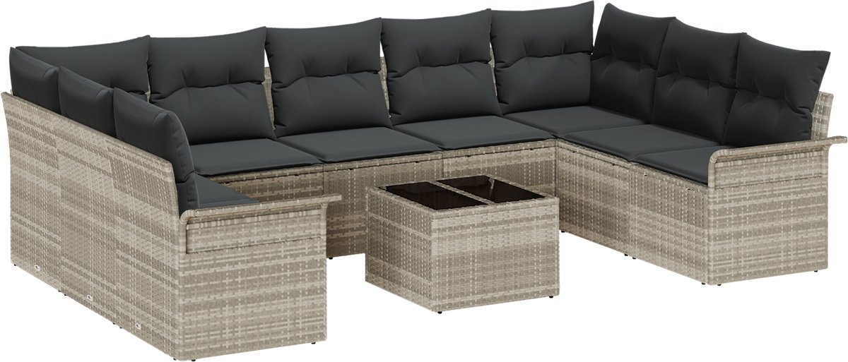 vidaXL - Tuinbank - Set - met - kussen - 10 - pcs - Lichtgrijs - poly - rattan
