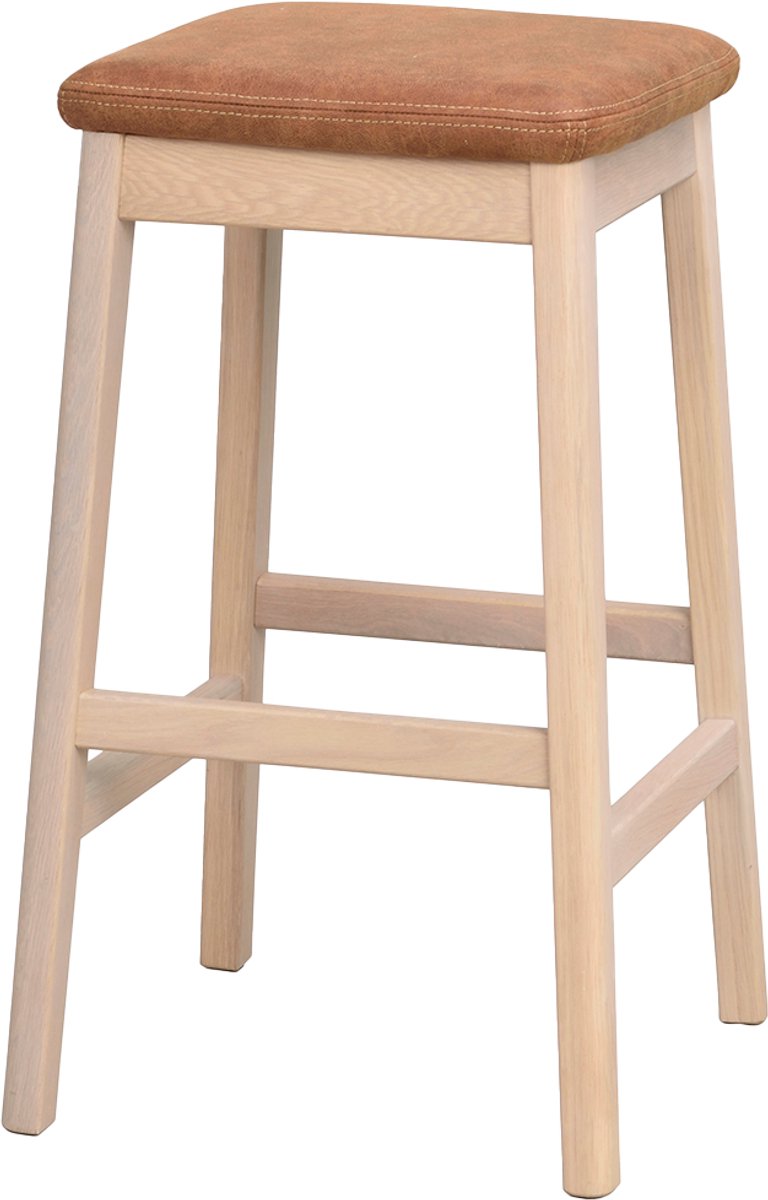 Rowico Home Livermore Barkruk Naturel - Eikenhout - Met Kunstleren Zitkussen - Barkruk zonder Rugleuning - Zonder Armleuning - Rond - Voor Kookeiland - 68 cm