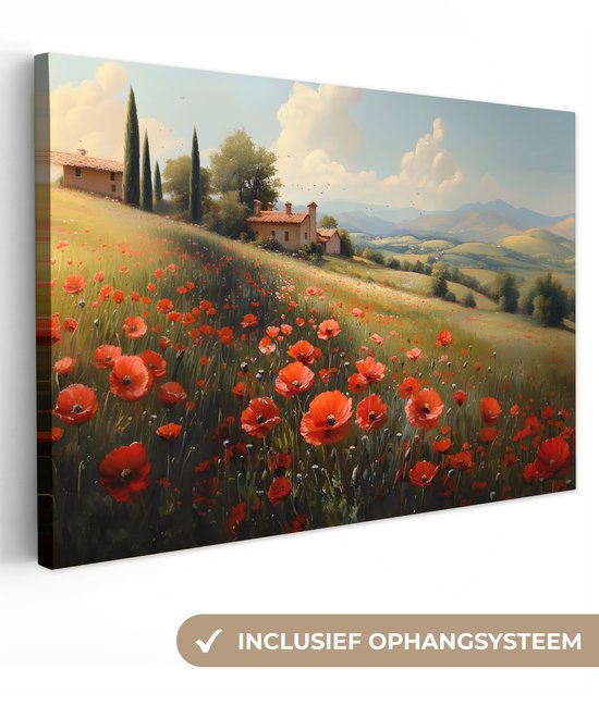 Canvas schilderij 120x80 cm - Exclusieve wanddecoratie Klaprozen - Rood - Heuvels - Landschap - Muurdecoratie woonkamer - Slaapkamer decoratie - Kamer accessoires - Schilderijen op canvas