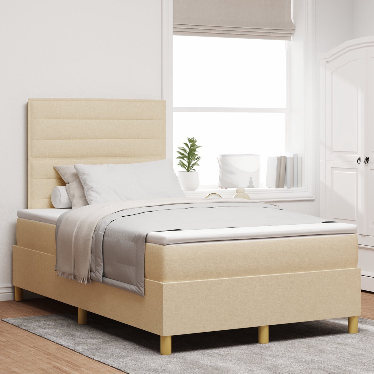 vidaXL Boxspring - bed - met - matras - met - hoofdeinde - Crème - 120 - x - 200 - cm - Stof