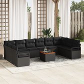 vidaXL - 11-delige - tuinset - met - kussens - in - zwart - poly - rattan - en - acacia