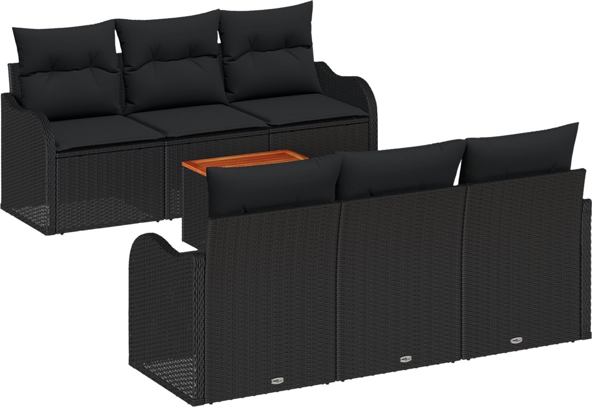 vidaXL - Tuinbank - Set - met - kussen - 7 - pcs - Zwart - poly - rattan